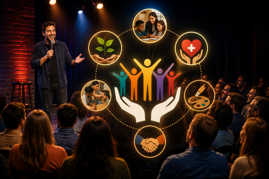 Stand-up comedian performing before a live audience with visual elements representing nonprofit partnerships, education, healthcare, environmental conservation, the arts, community support, and charitable collaboration.