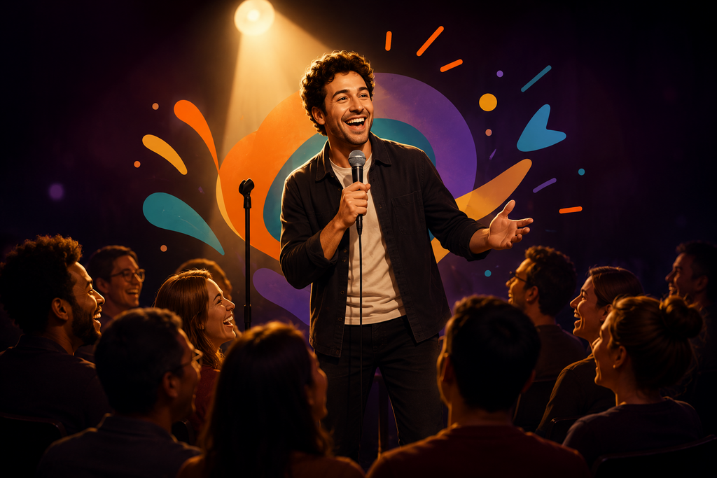 Professional stand-up comedian performing on stage under a spotlight while a diverse audience laughs and enjoys an energetic live comedy show in a modern theater.